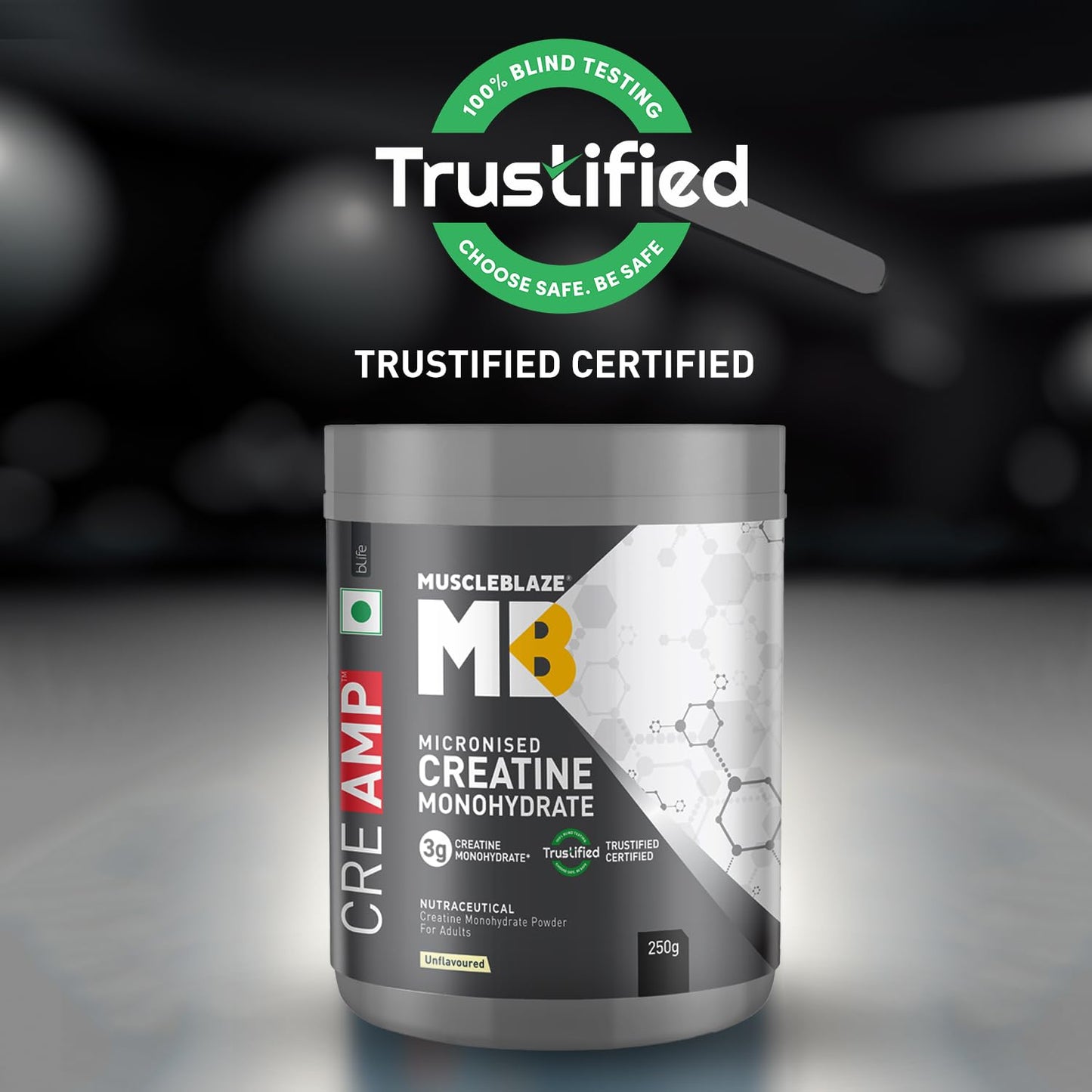 MuscleBlaze Micronised Creatine Monohydrate CreAMP Powder, Unflavoured | 33 servings Trustified Certified Creatine