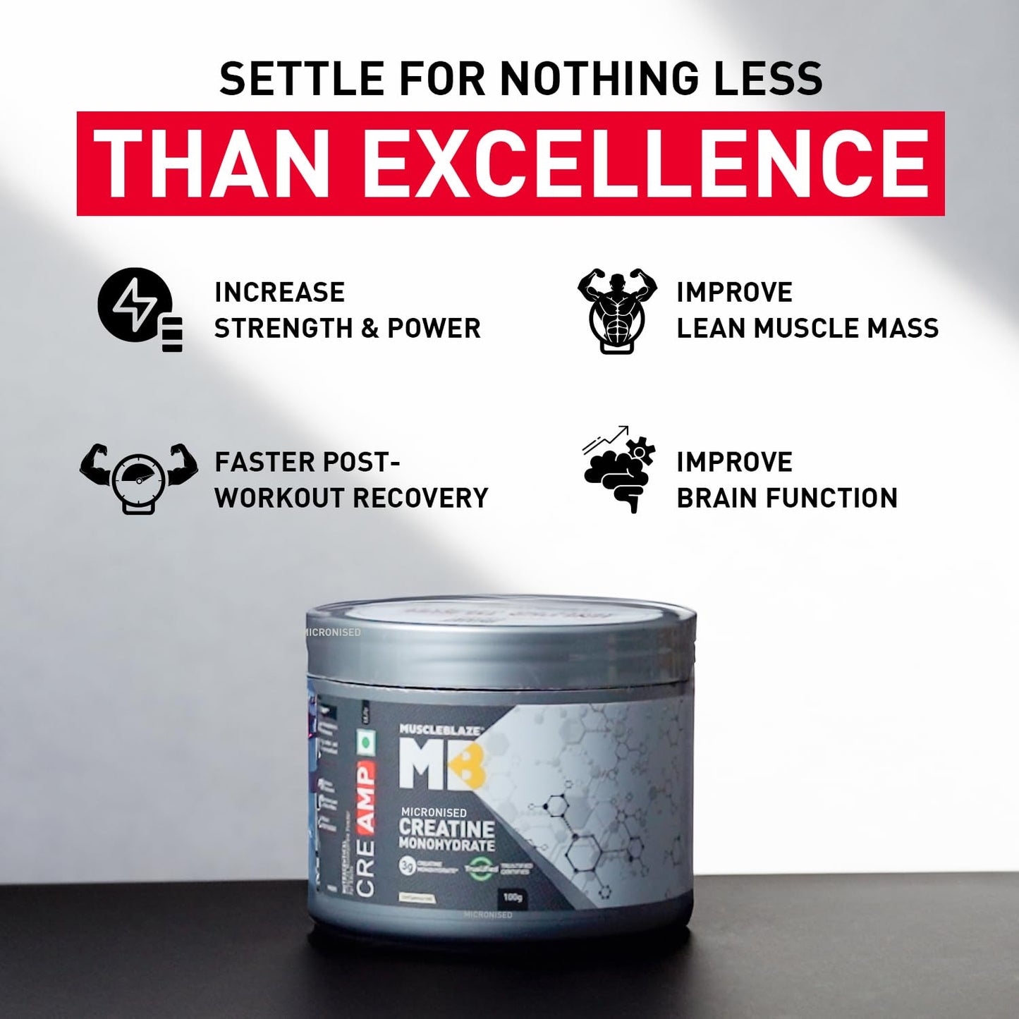 MuscleBlaze Micronised Creatine Monohydrate CreAMP Powder, Unflavoured | 33 servings Trustified Certified Creatine