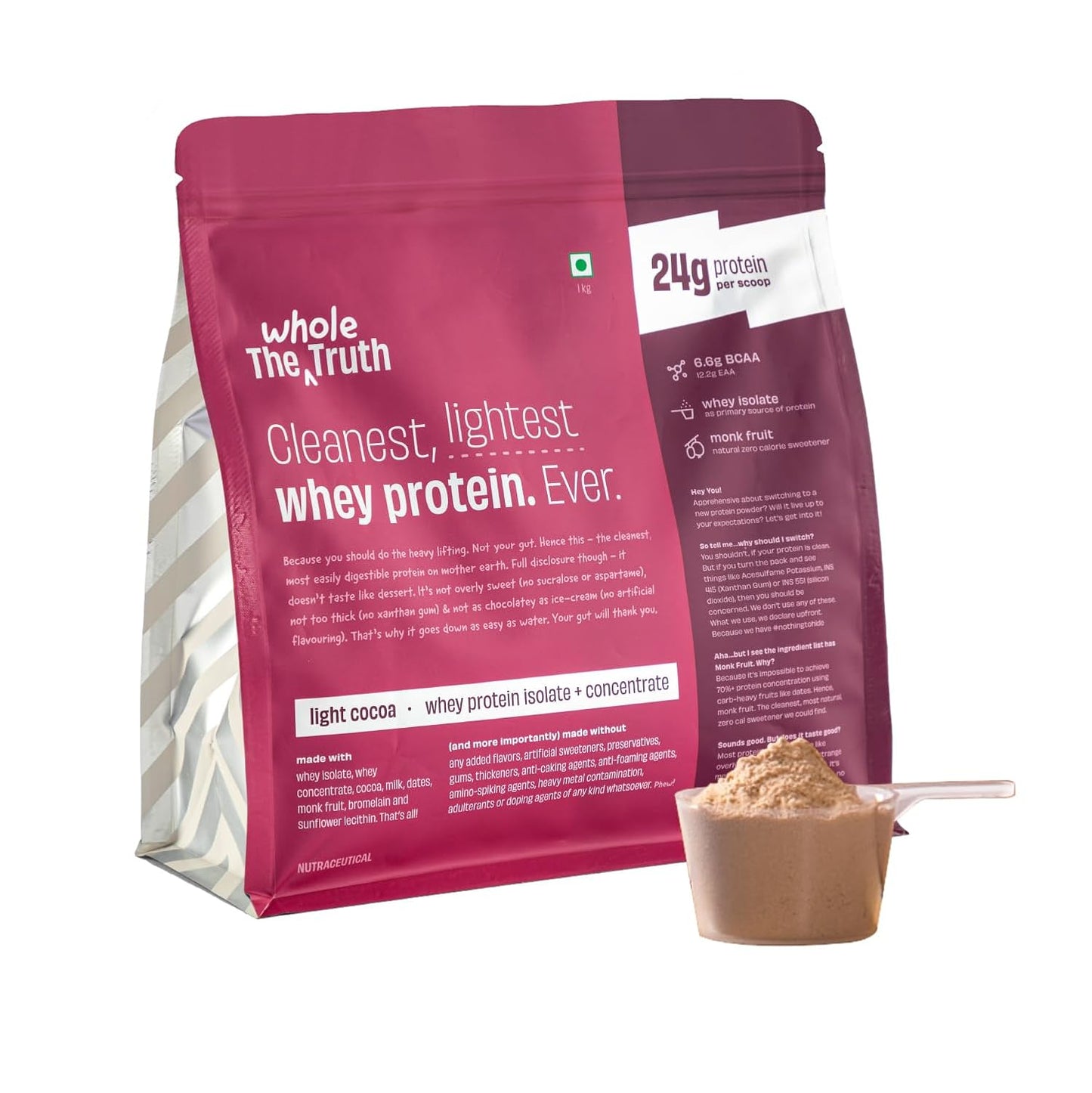 The Whole Truth Whey Protein Isolate+Concentrate | 1 kg (2.2 lbs) | 24g Protein/Scoop | 6.6g BCAA | 100% Authentic Whey & No Adulteration | Clean, Light & Easy to Digest | Vegetarian