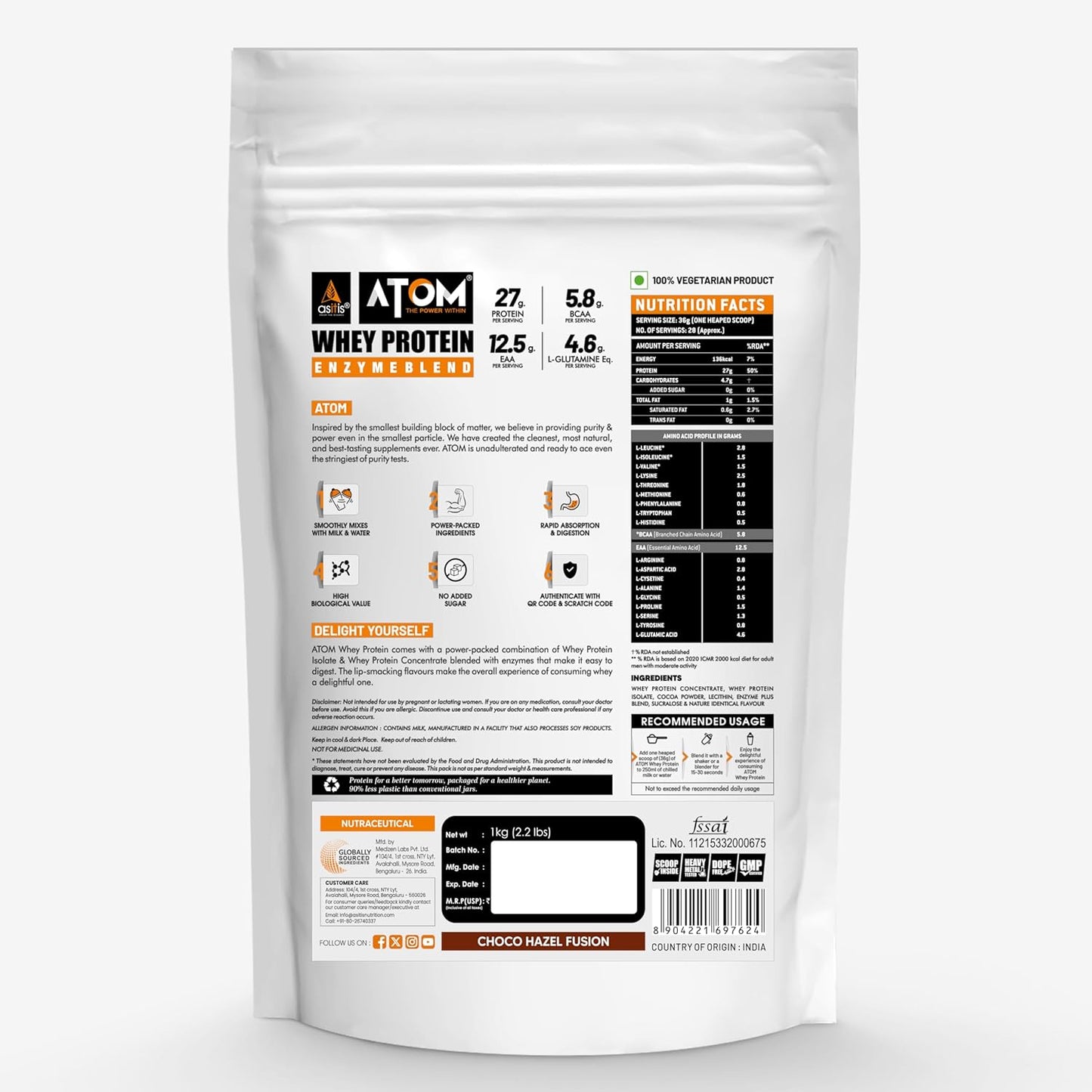 AS-IT-IS Nutrition ATOM Whey Protein 1kg | 27g protein | Isolate & Concentrate | USA Labdoor Certified | With Digestive Enzymes for better absorption