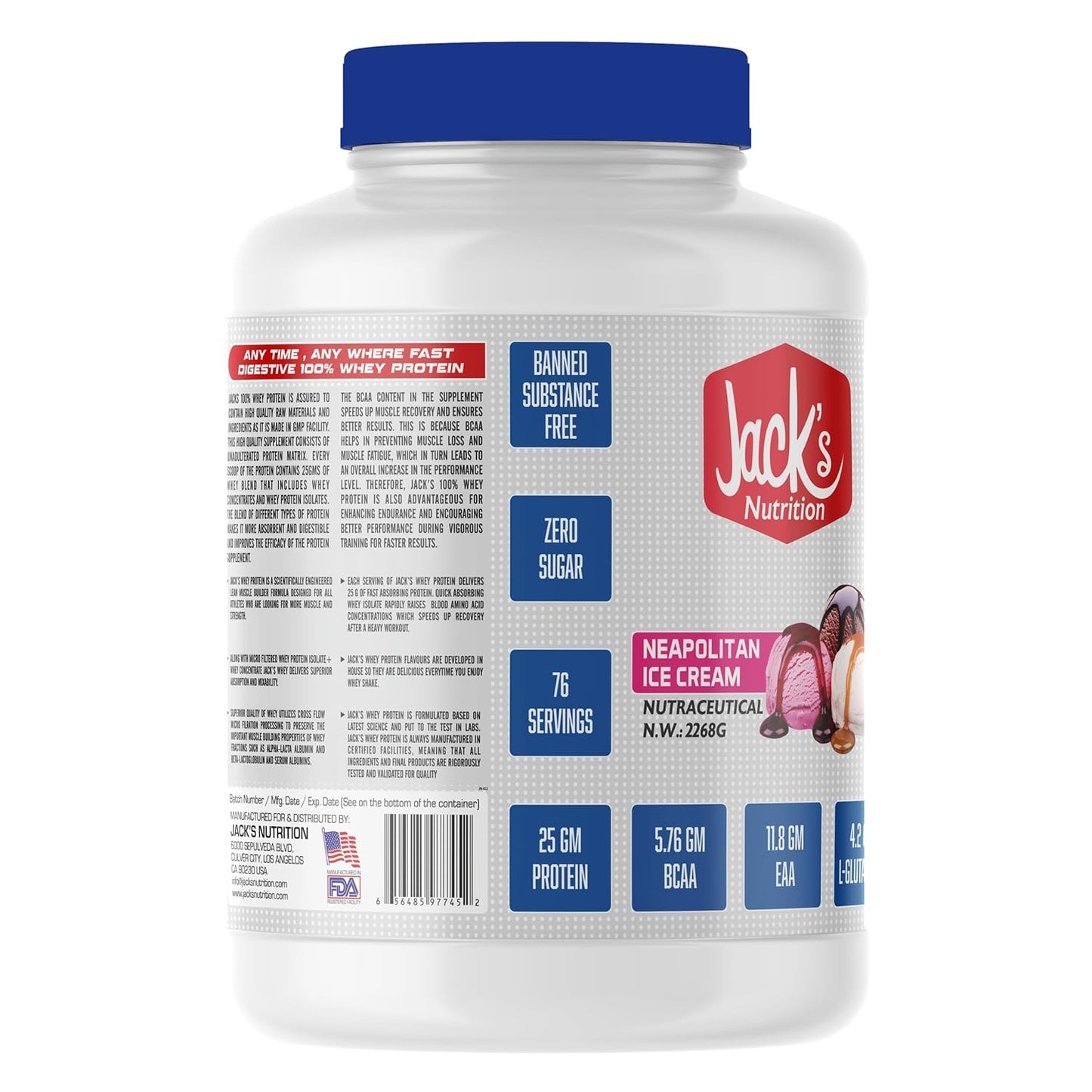 JACK'S NUTRITION Whey Protein 5Lb/2.27Kg | 25g Protein,| 11.8g EAA,| 5.76g BCAA| 4.2g Glutamine| Low carb| Zero Sugar | Gluten Free| -76 Servings- Lean Muscle protein