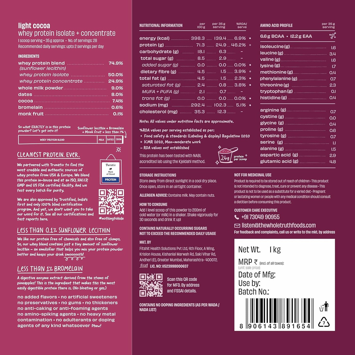 The Whole Truth Whey Protein Isolate+Concentrate | 1 kg (2.2 lbs) | 24g Protein/Scoop | 6.6g BCAA | 100% Authentic Whey & No Adulteration | Clean, Light & Easy to Digest | Vegetarian