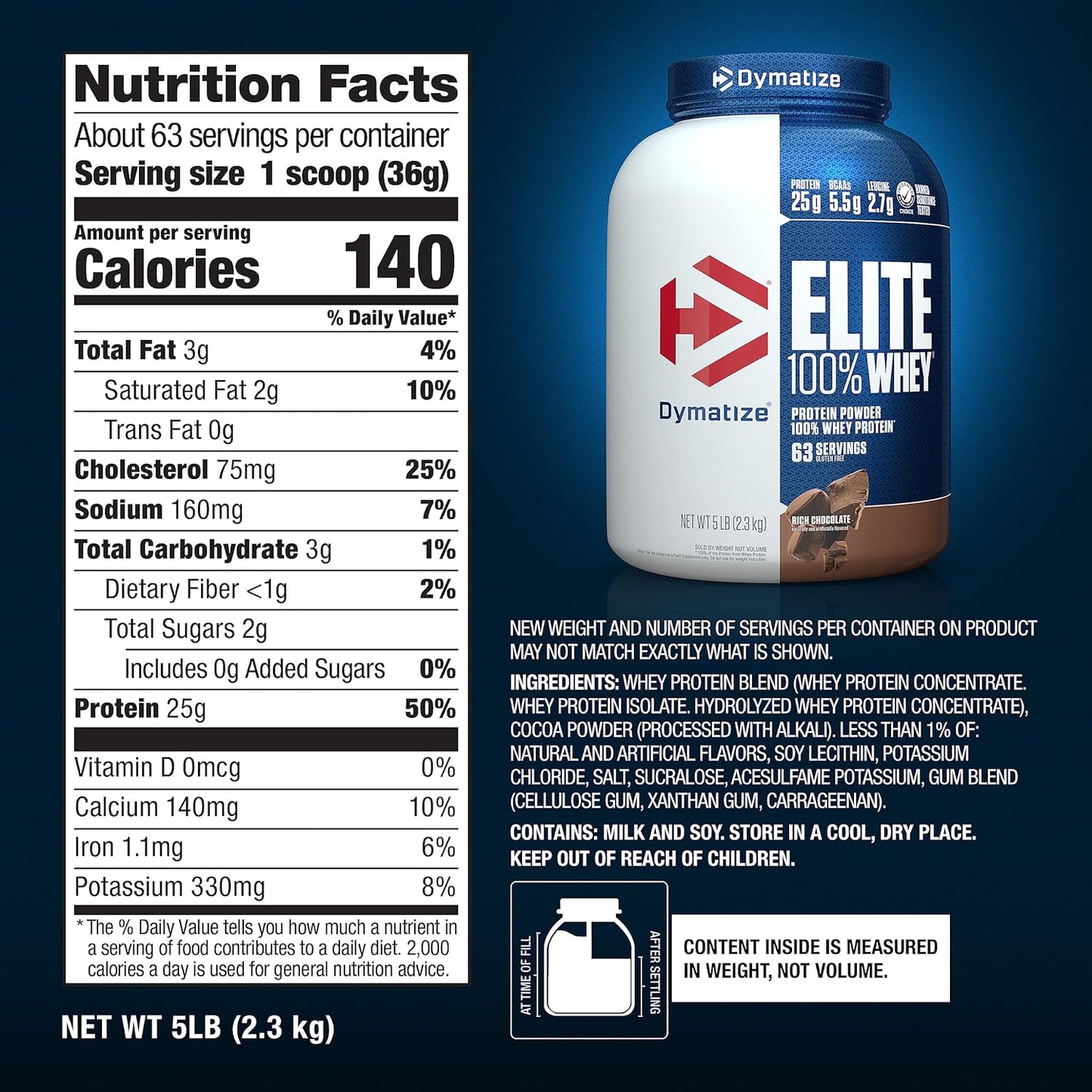 Dymatize Nutrition Elite 100% Whey Protein | Whey Protein Powder | Muscle Recovery | 25g Protein, 5.5g BCAA | Fast-Absorbing Protein | Gluten-Free | Blend with BCAAs & Glutamine | Rich Chocolate | 5 Lbs