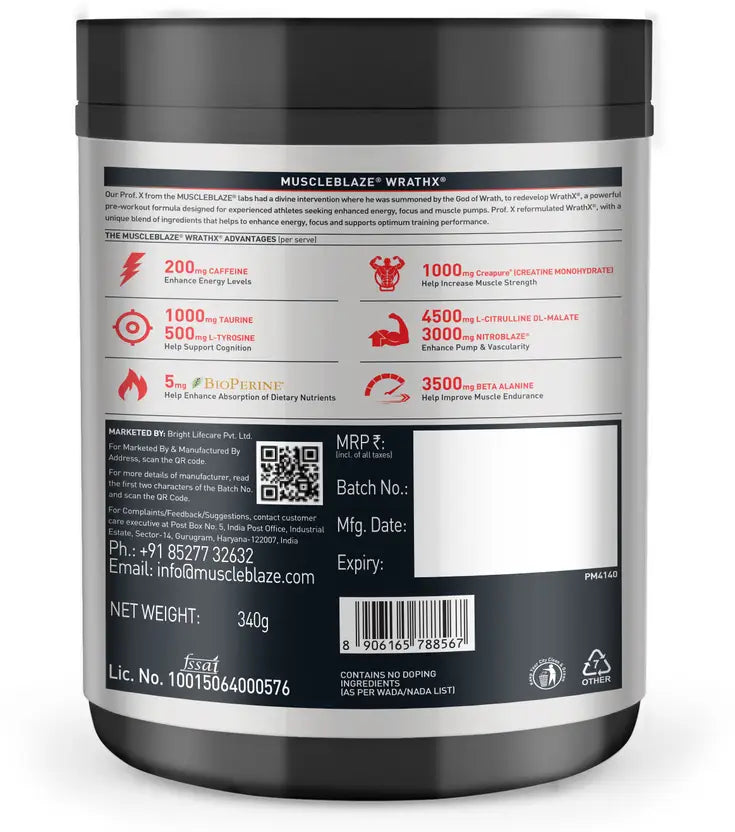 `MuscleBlaze Pre Workout WrathX with Creapure®️, Nitroblaze & BioPerine (20 Servings)