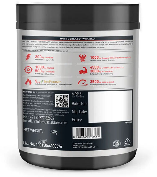 `MuscleBlaze Pre Workout WrathX with Creapure®️, Nitroblaze & BioPerine (20 Servings) 340 Gms (Free Delivery)