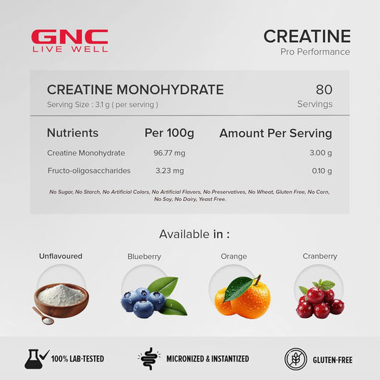 GNC Pro Performance Creatine Monohydrate - 3000mg Creatine Per Scoop | Micronized for Faster Absorption | Boosts Energy, Muscle Volume & Performance | Gluten-Free | Unflavored | 250gm
