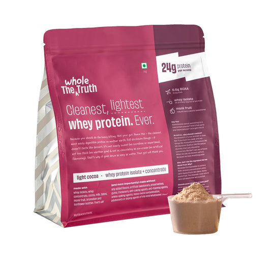 The Whole Truth Whey Protein Isolate+Concentrate | 1 kg (2.2 lbs) | 24g Protein/Scoop | 6.6g BCAA | 100% Authentic Whey & No Adulteration | Clean, Light & Easy to Digest | Vegetarian