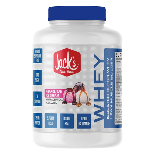 JACK'S NUTRITION Whey Protein 5Lb/2.27Kg | 25g Protein,| 11.8g EAA,| 5.76g BCAA| 4.2g Glutamine| Low carb| Zero Sugar | Gluten Free| -76 Servings- Lean Muscle protein