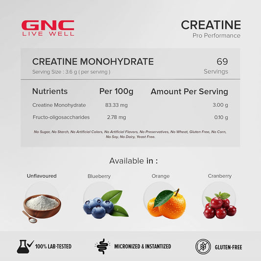GNC Pro Performance Creatine Monohydrate - 3000mg Creatine Per Scoop | Micronized for Faster Absorption | Flavoured | 250gm