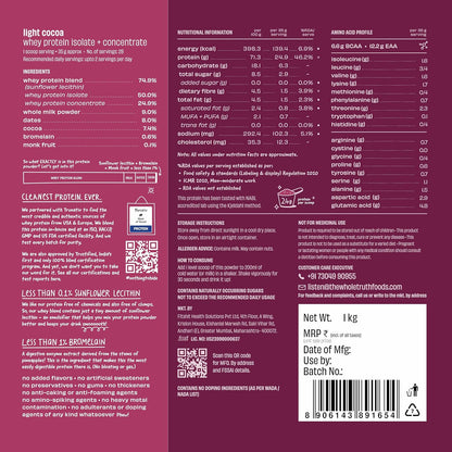 The Whole Truth Whey Protein Isolate+Concentrate | 1 kg (2.2 lbs) | 24g Protein/Scoop | 6.6g BCAA | 100% Authentic Whey & No Adulteration | Clean, Light & Easy to Digest | Vegetarian