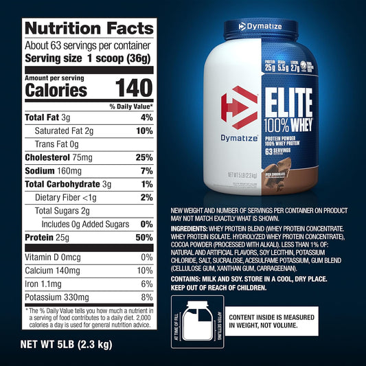 Dymatize Nutrition Elite 100% Whey Protein | Whey Protein Powder | Muscle Recovery | 25g Protein, 5.5g BCAA | Fast-Absorbing Protein | Gluten-Free | Blend with BCAAs & Glutamine | Rich Chocolate | 5 Lbs